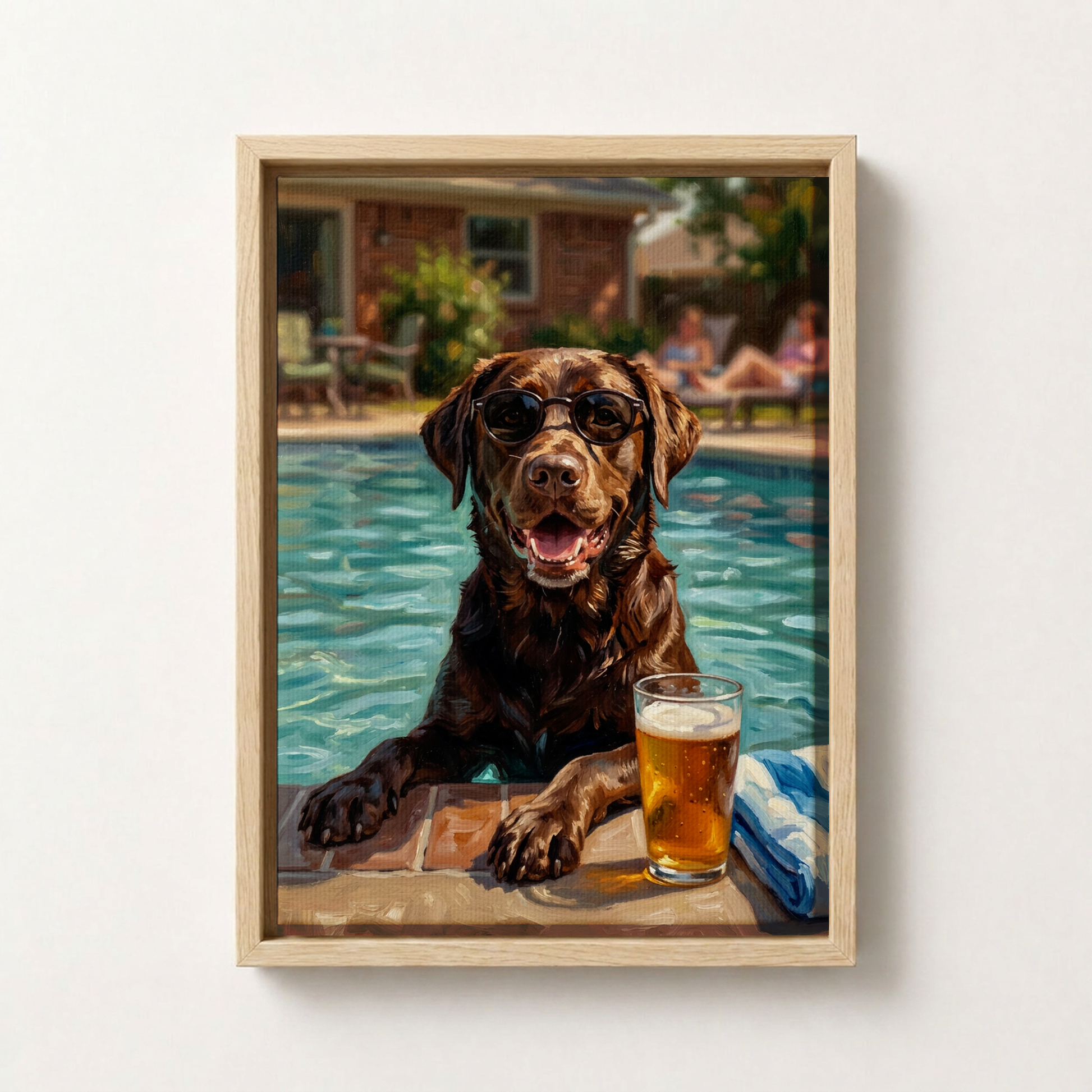 Goodboy Gallery product photo - Poolside Dad Mode Custom Pet Portrait Print - 1 Pet - Framed Canvas - Light Wood
