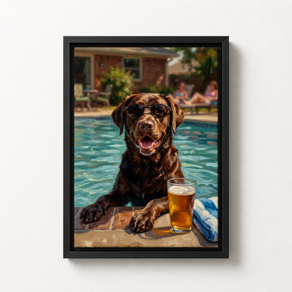Goodboy Gallery product photo - Poolside Dad Mode Custom Pet Portrait Print - 1 Pet - Framed Canvas - Solid Black