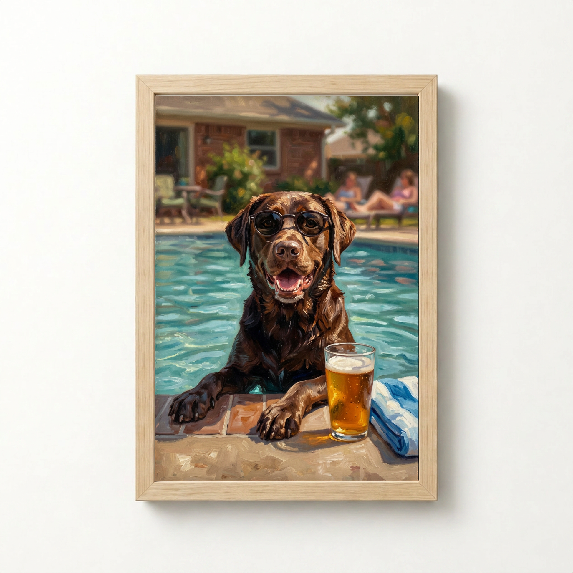 Goodboy Gallery product photo - Poolside Dad Mode Custom Pet Portrait Print - 1 Pet - Framed Poster - Light Wood