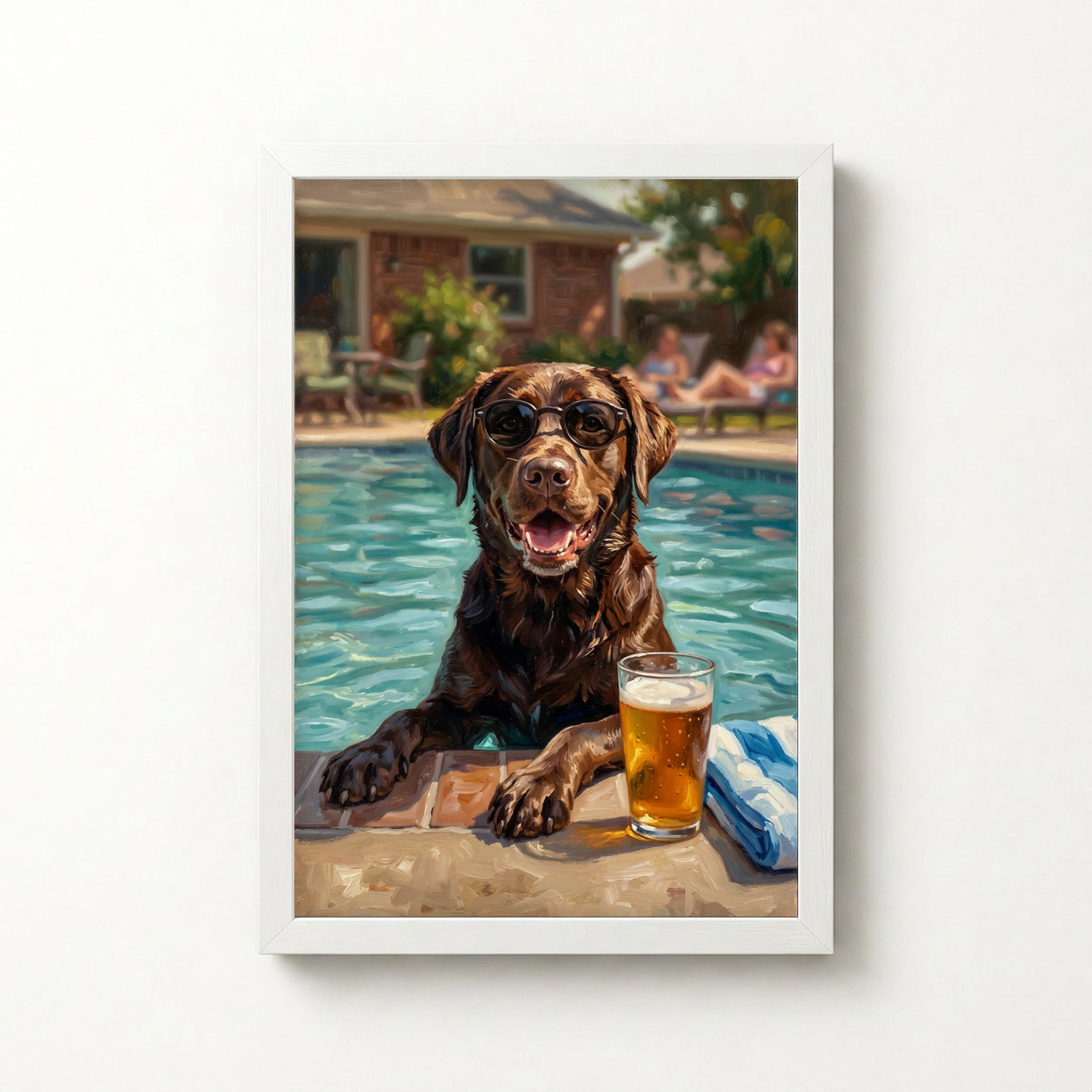 Goodboy Gallery product photo - Poolside Dad Mode Custom Pet Portrait Print - 1 Pet - Framed Poster - Solid White