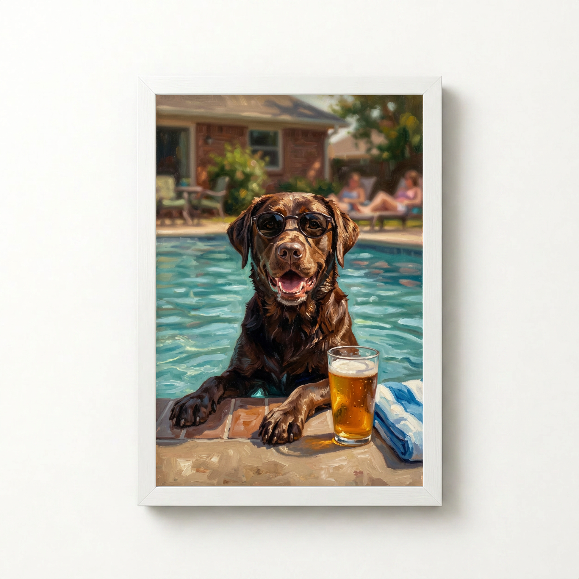 Goodboy Gallery product photo - Poolside Dad Mode Custom Pet Portrait Print - 1 Pet - Framed Poster - Solid White