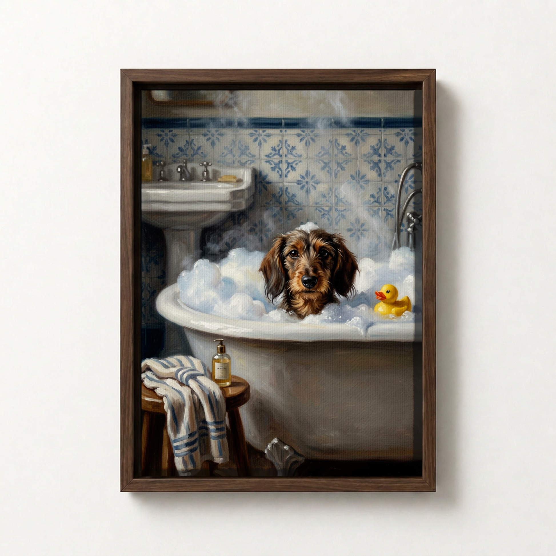 Goodboy Gallery product photo - Rubber Duck Bath Portrait for 1 Pet - Framed Canvas - Dark Wood