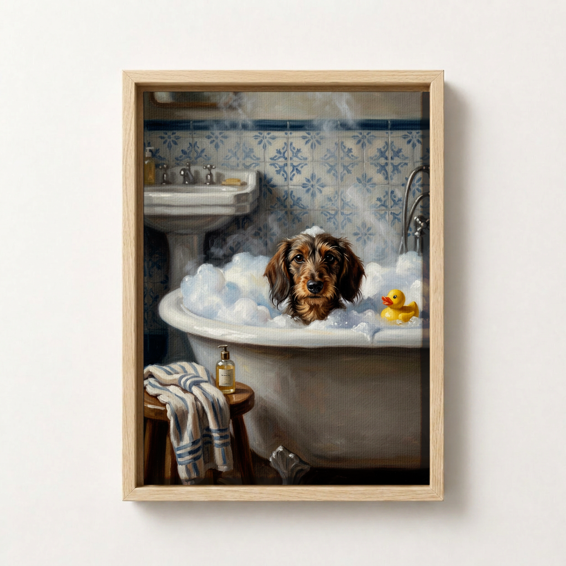 Goodboy Gallery product photo - Rubber Duck Bath Portrait for 1 Pet - Framed Canvas - Light Wood