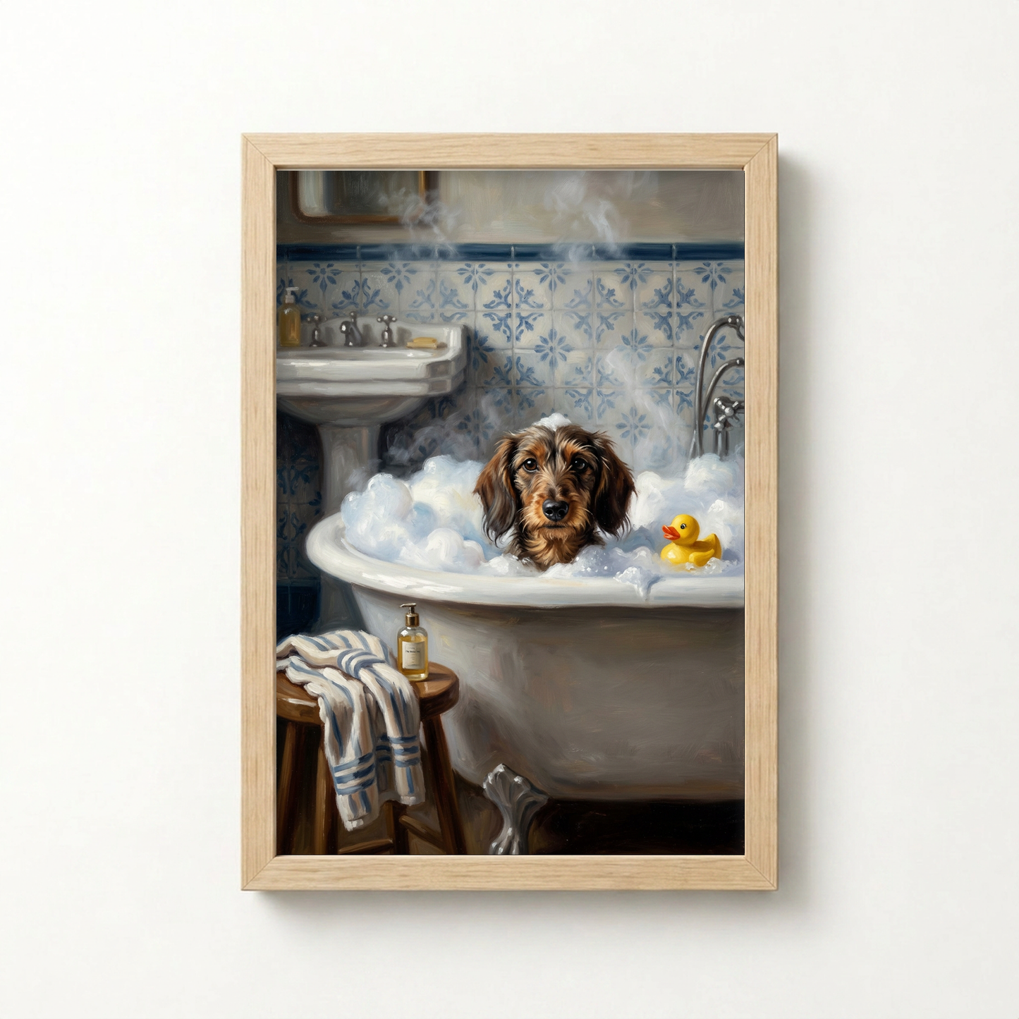 Goodboy Gallery product photo - Rubber Duck Bath Portrait for 1 Pet - Framed Poster - Light Wood
