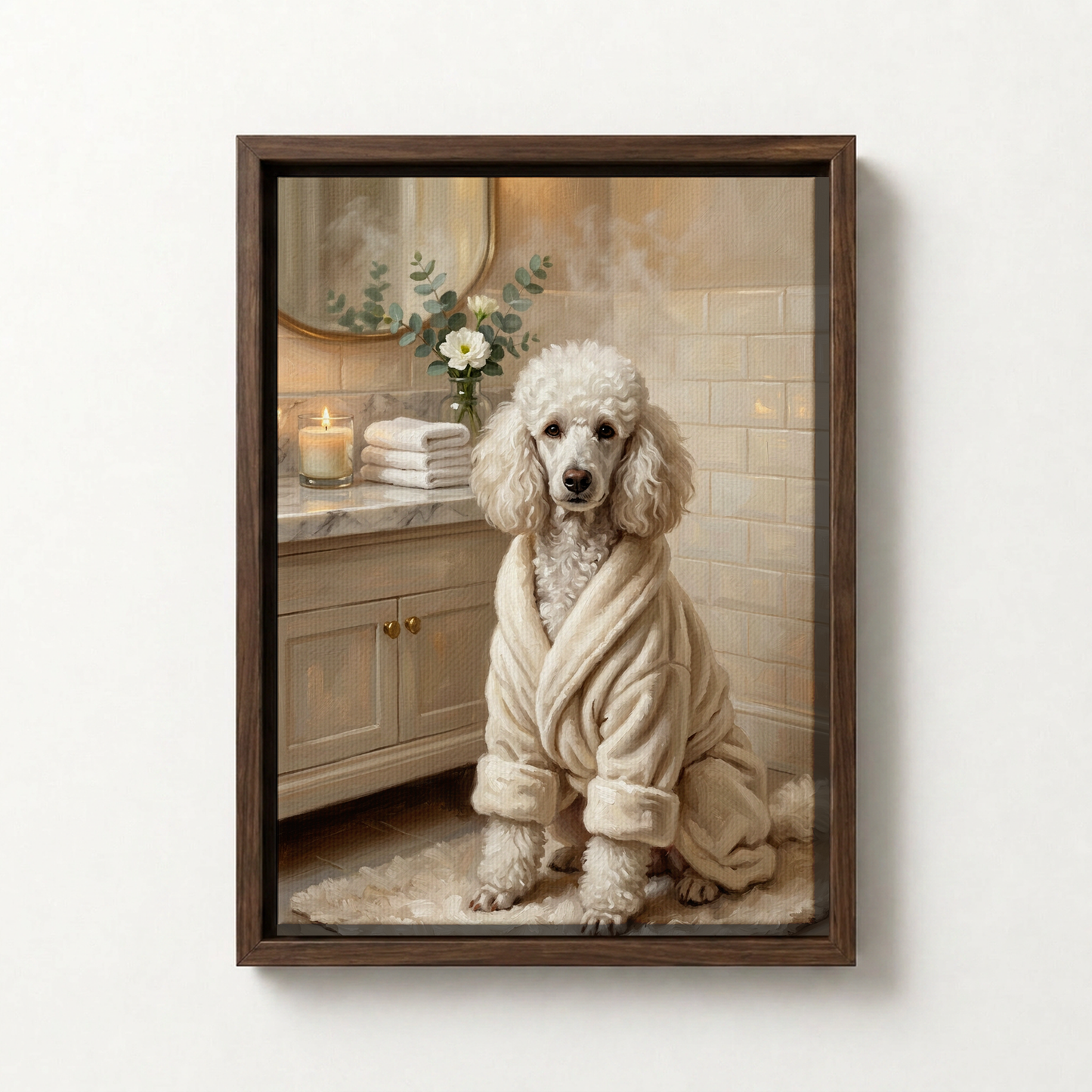 Goodboy Gallery product photo - Spa Robe Portrait for 1 Pet - Framed Canvas - Dark Wood