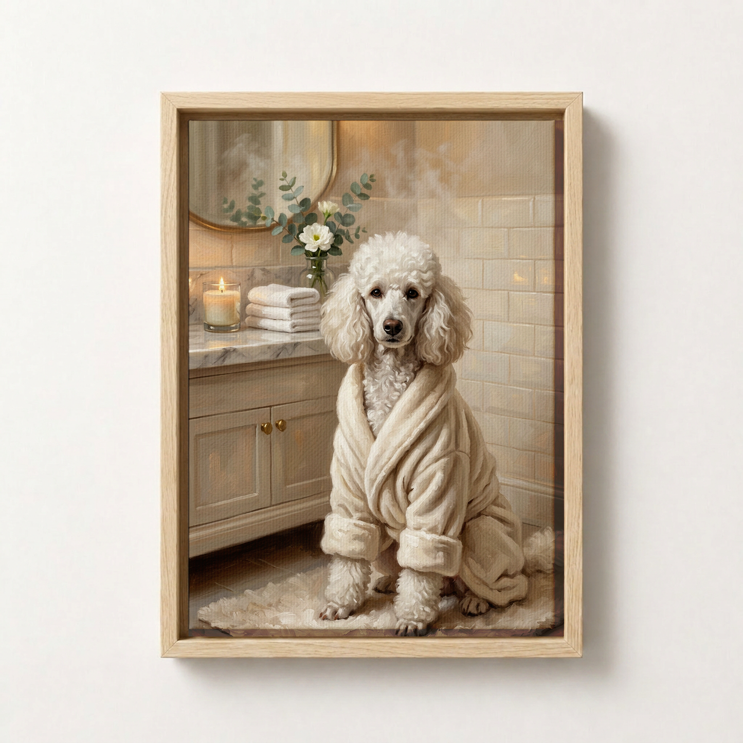 Goodboy Gallery product photo - Spa Robe Portrait for 1 Pet - Framed Canvas - Light Wood