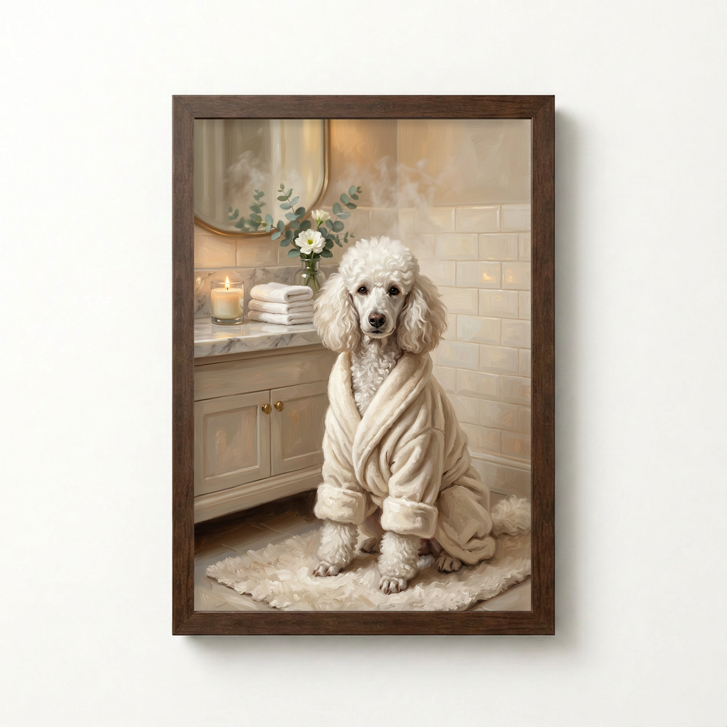 Goodboy Gallery product photo - Spa Robe Portrait for 1 Pet - Framed Poster - Dark Wood