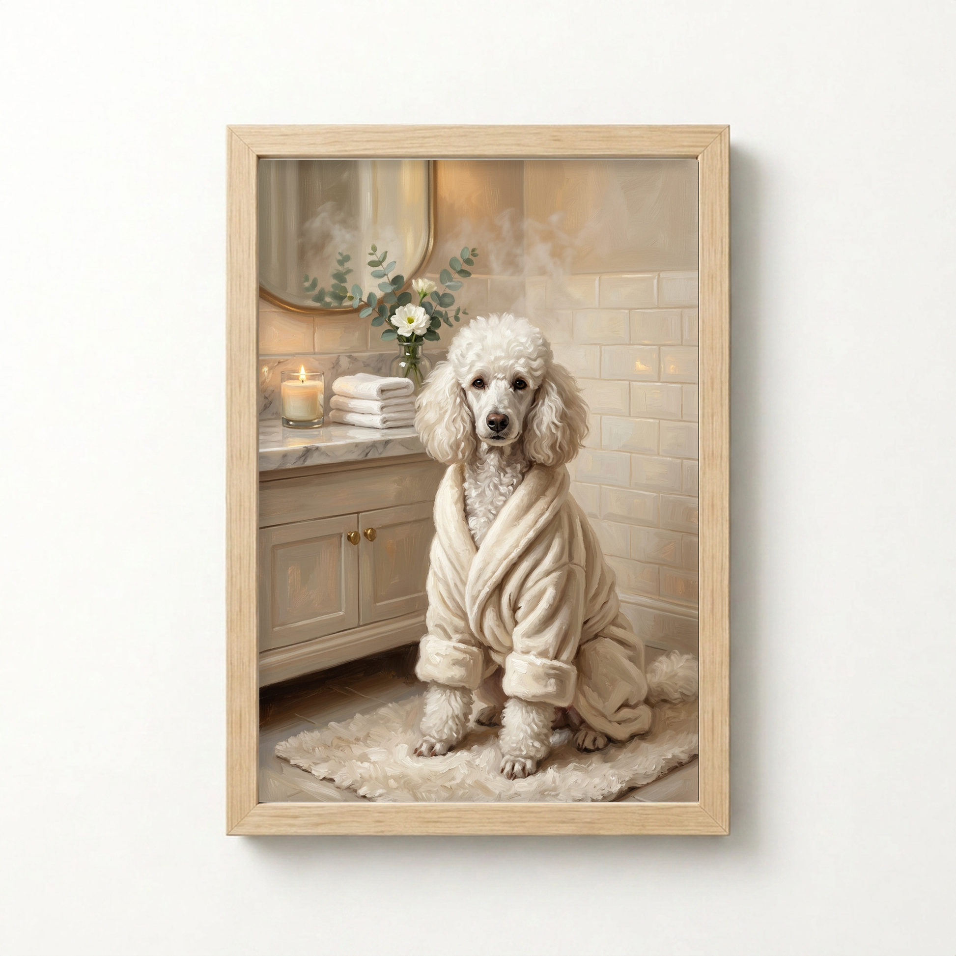 Goodboy Gallery product photo - Spa Robe Portrait for 1 Pet - Framed Poster - Light Wood