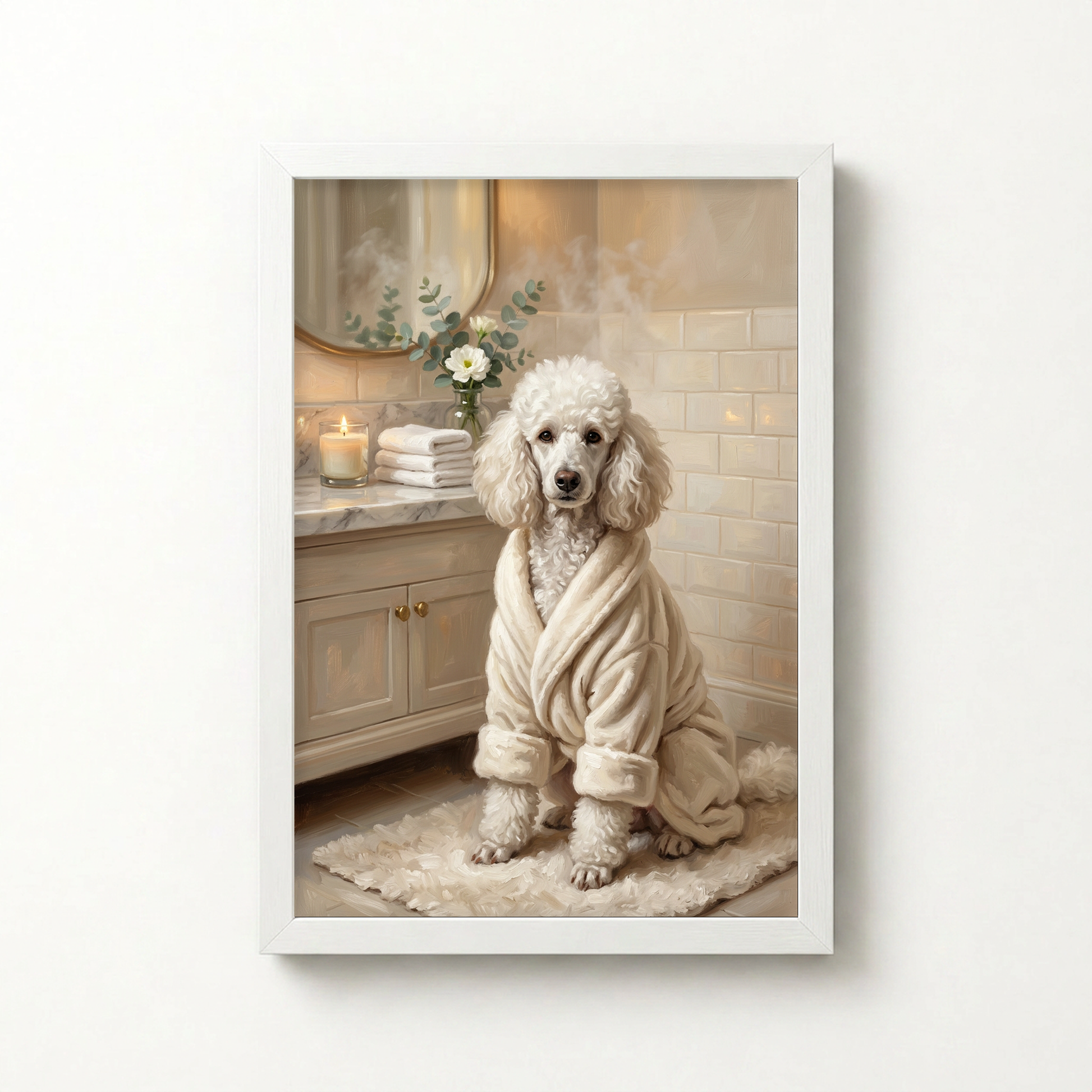 Goodboy Gallery product photo - Spa Robe Portrait for 1 Pet - Framed Poster - Solid White