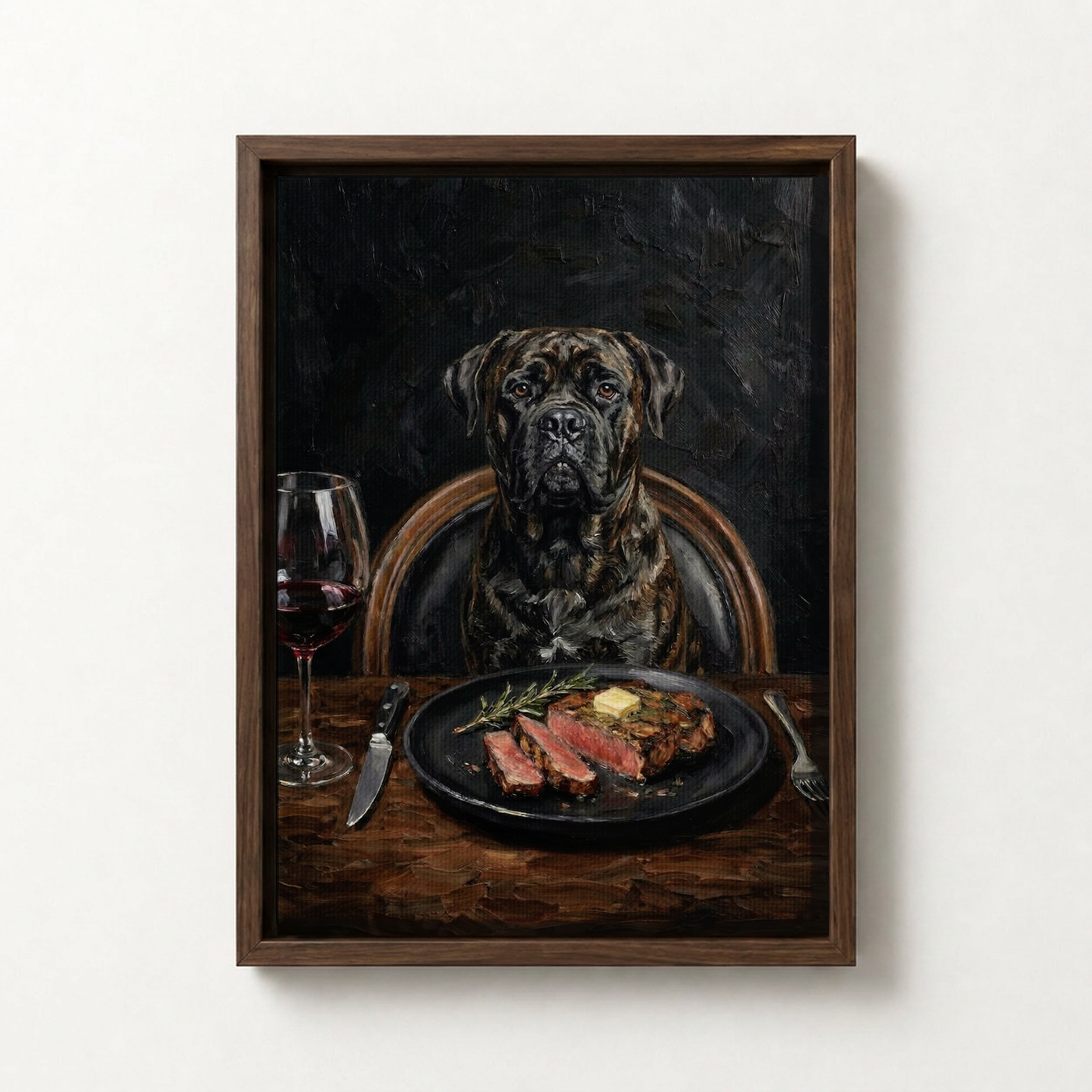 Goodboy Gallery product photo - Steakhouse Regular Portrait for 1 Pet - Framed Canvas - Dark Wood