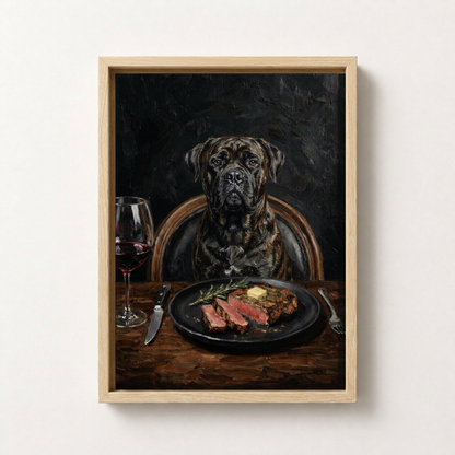 Goodboy Gallery product photo - Steakhouse Regular Portrait for 1 Pet - Framed Canvas - Light Wood