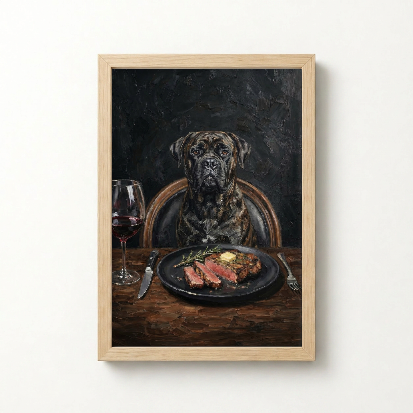 Goodboy Gallery product photo - Steakhouse Regular Portrait for 1 Pet - Framed Poster - Light Wood