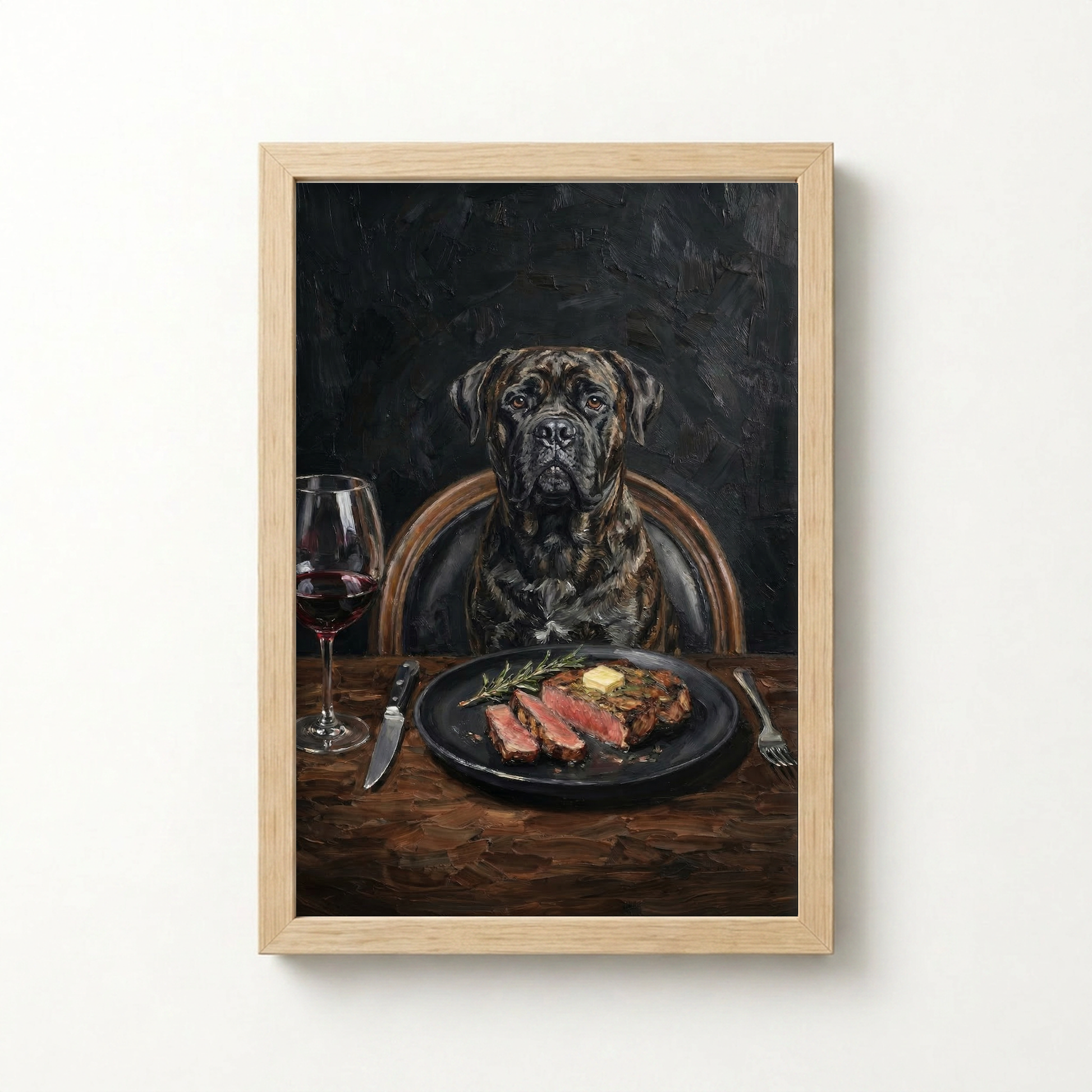 Goodboy Gallery product photo - Steakhouse Regular Portrait for 1 Pet - Framed Poster - Light Wood