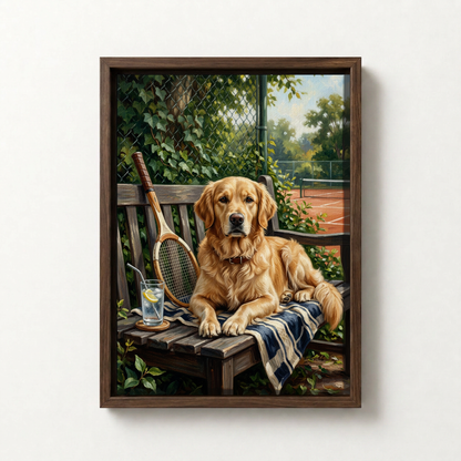 Goodboy Gallery product photo - Courtside Bench Portrait for 1 Pet - Framed Canvas - Dark Wood