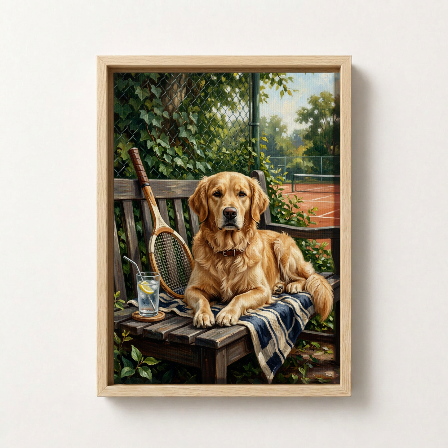 Goodboy Gallery product photo - Courtside Bench Portrait for 1 Pet - Framed Canvas - Light Wood