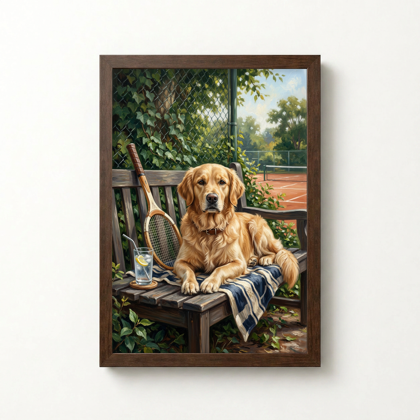 Goodboy Gallery product photo - Courtside Bench Portrait for 1 Pet - Framed Poster - Dark Wood