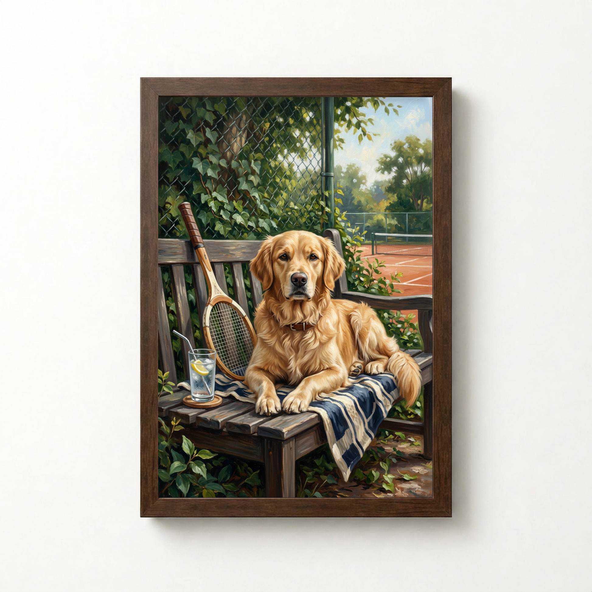 Goodboy Gallery product photo - Courtside Bench Portrait for 1 Pet - Framed Poster - Dark Wood