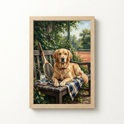 Goodboy Gallery product photo - Courtside Bench Portrait for 1 Pet - Framed Poster - Light Wood