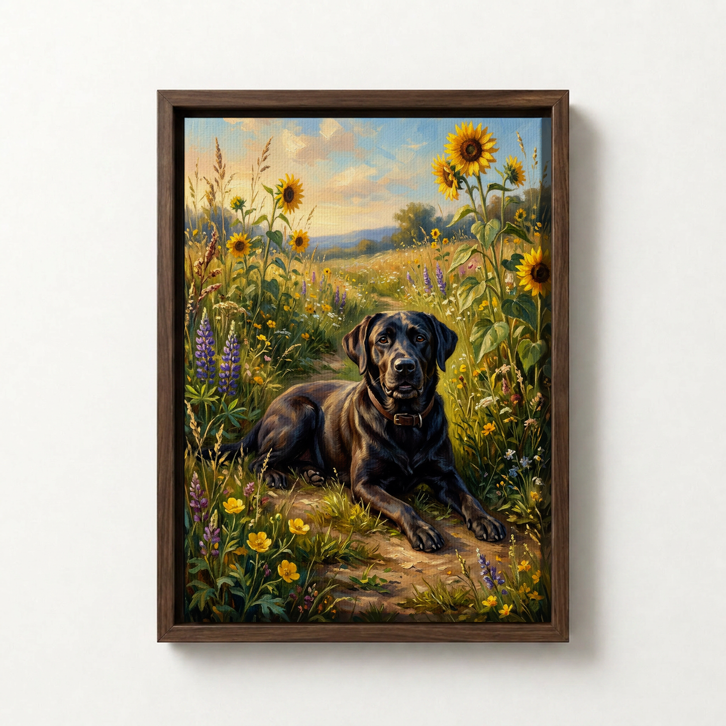 Goodboy Gallery product photo - Wildflower Meadow Portrait for 1 Pet - Framed Canvas - Dark Wood