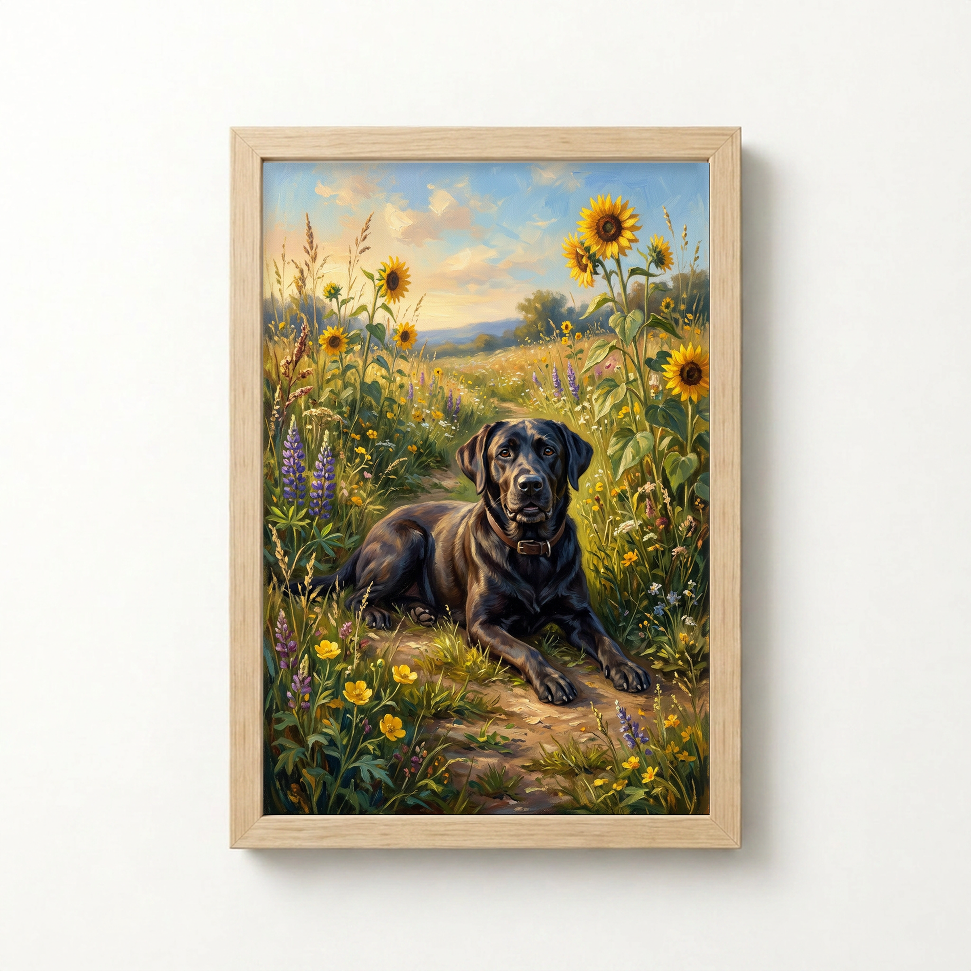 Goodboy Gallery product photo - Wildflower Meadow Portrait for 1 Pet - Framed Poster - Light Wood