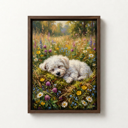Goodboy Gallery product photo - Wildflower Nap Portrait for 1 Pet - Framed Canvas - Dark Wood