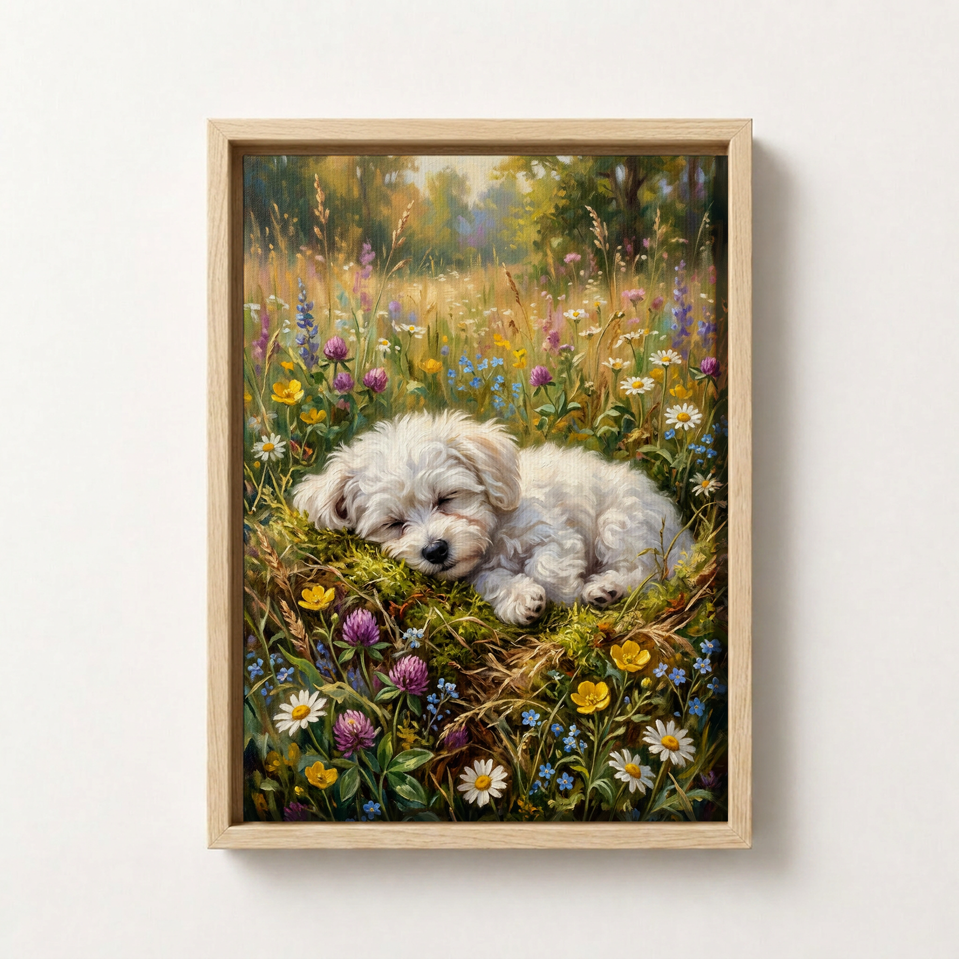Goodboy Gallery product photo - Wildflower Nap Portrait for 1 Pet - Framed Canvas - Light Wood