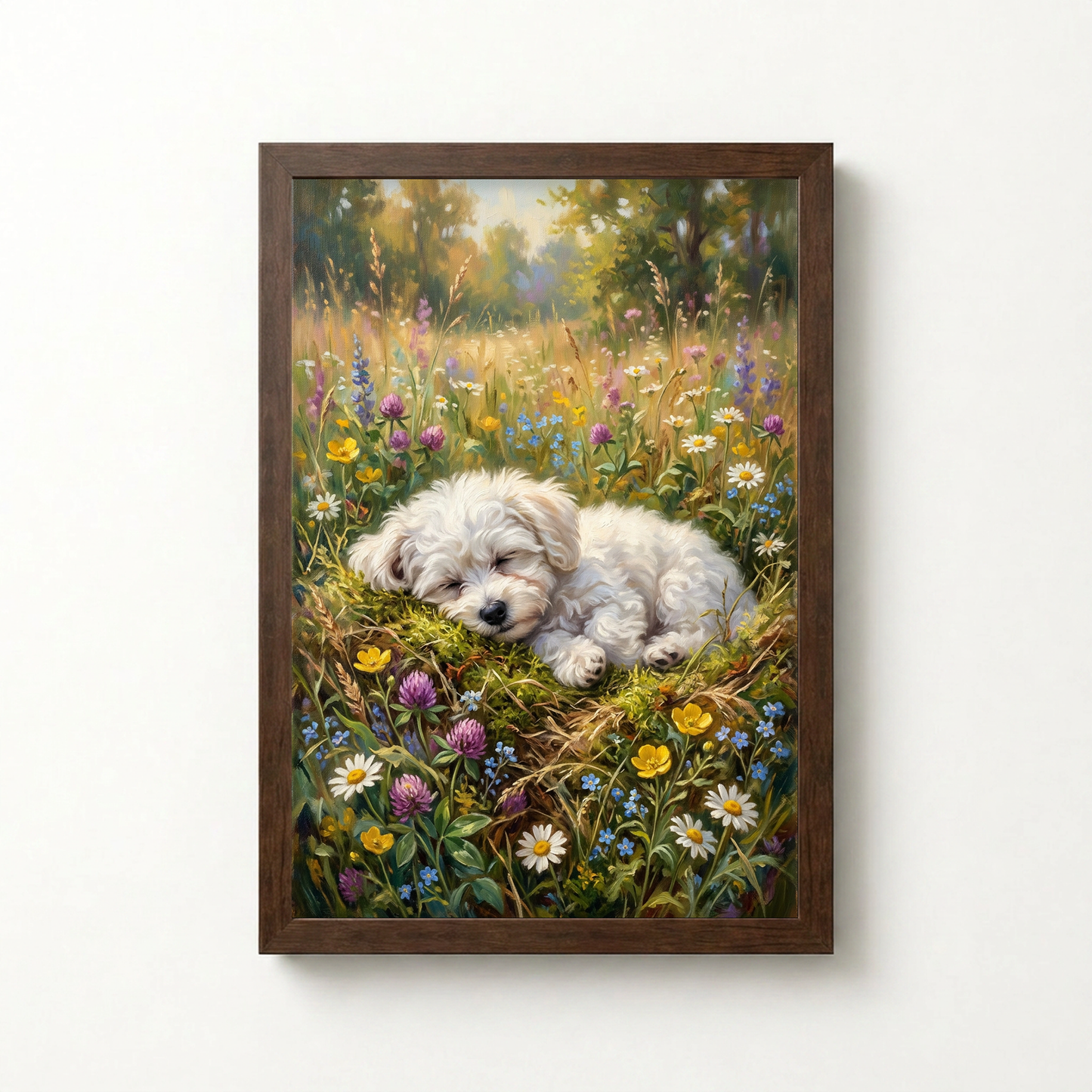 Goodboy Gallery product photo - Wildflower Nap Portrait for 1 Pet - Framed Poster - Dark Wood