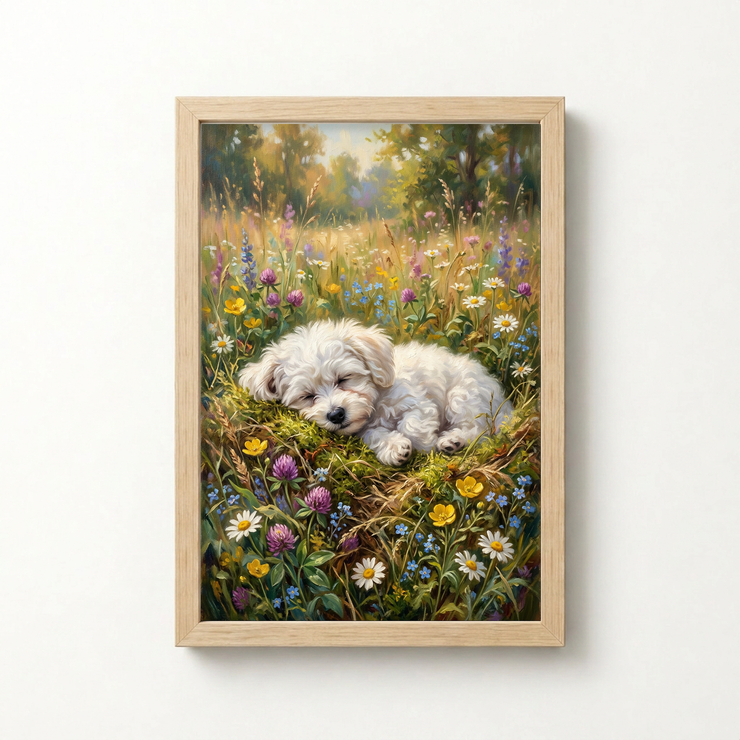 Goodboy Gallery product photo - Wildflower Nap Portrait for 1 Pet - Framed Poster - Light Wood