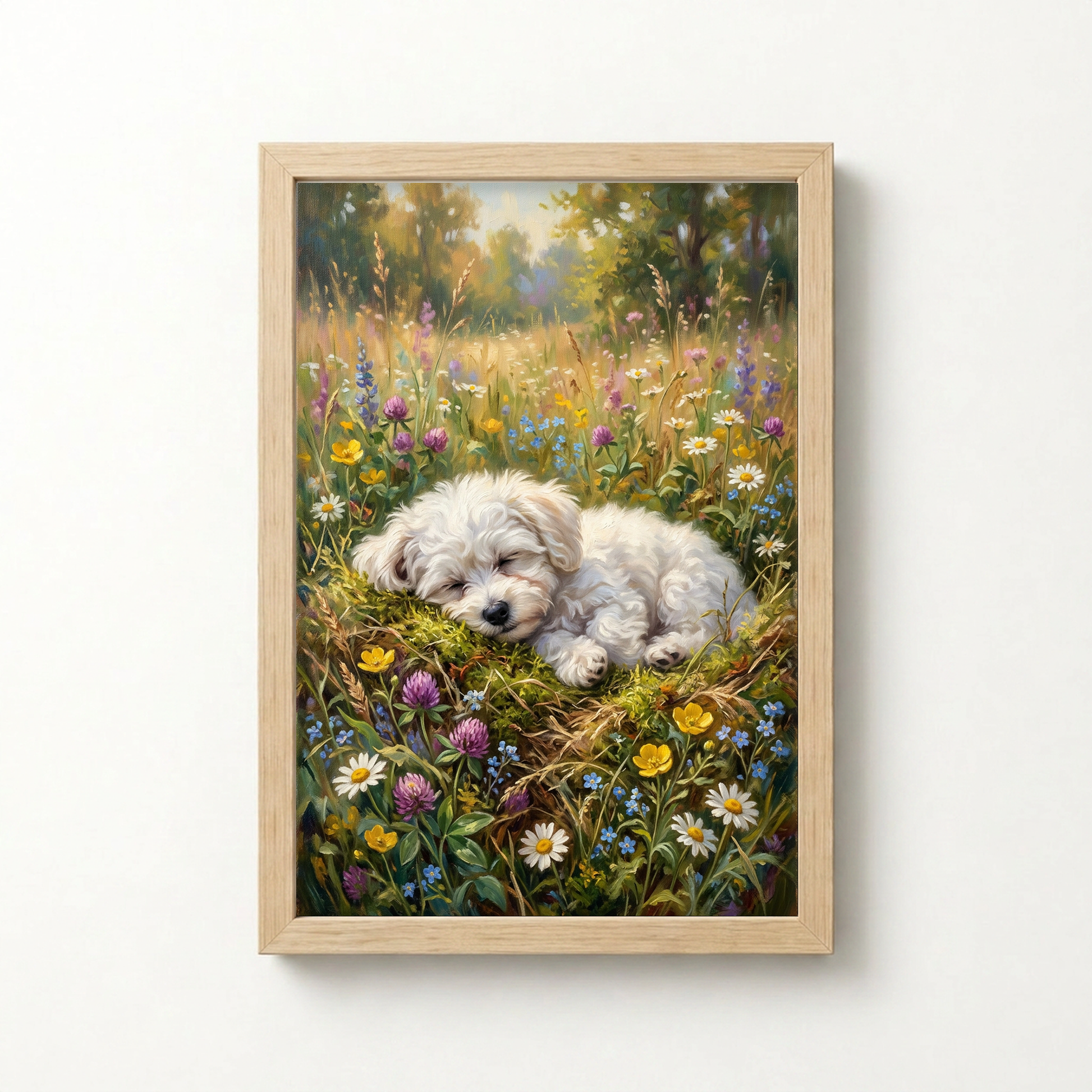 Goodboy Gallery product photo - Wildflower Nap Portrait for 1 Pet - Framed Poster - Light Wood