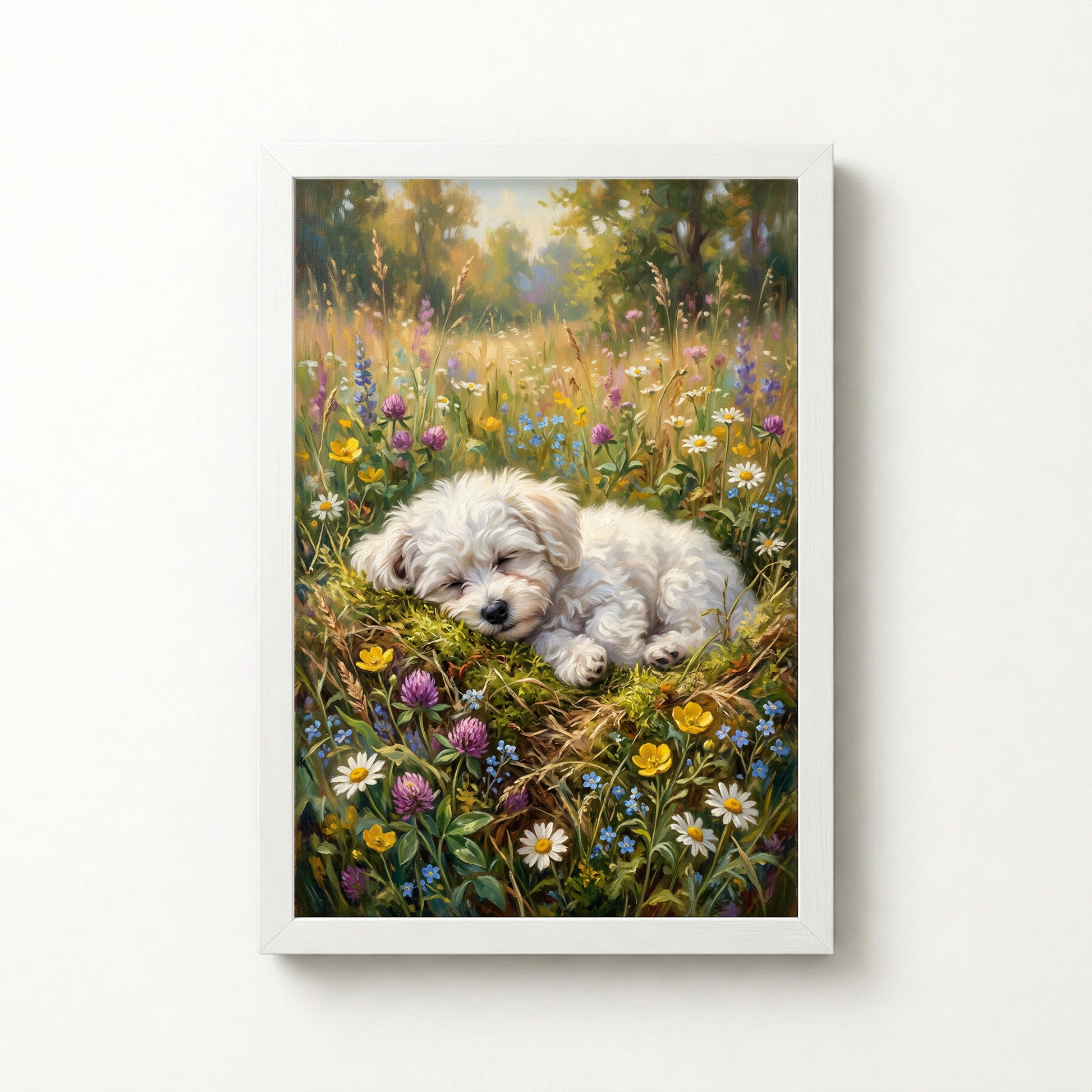 Goodboy Gallery product photo - Wildflower Nap Portrait for 1 Pet - Framed Poster - Solid White