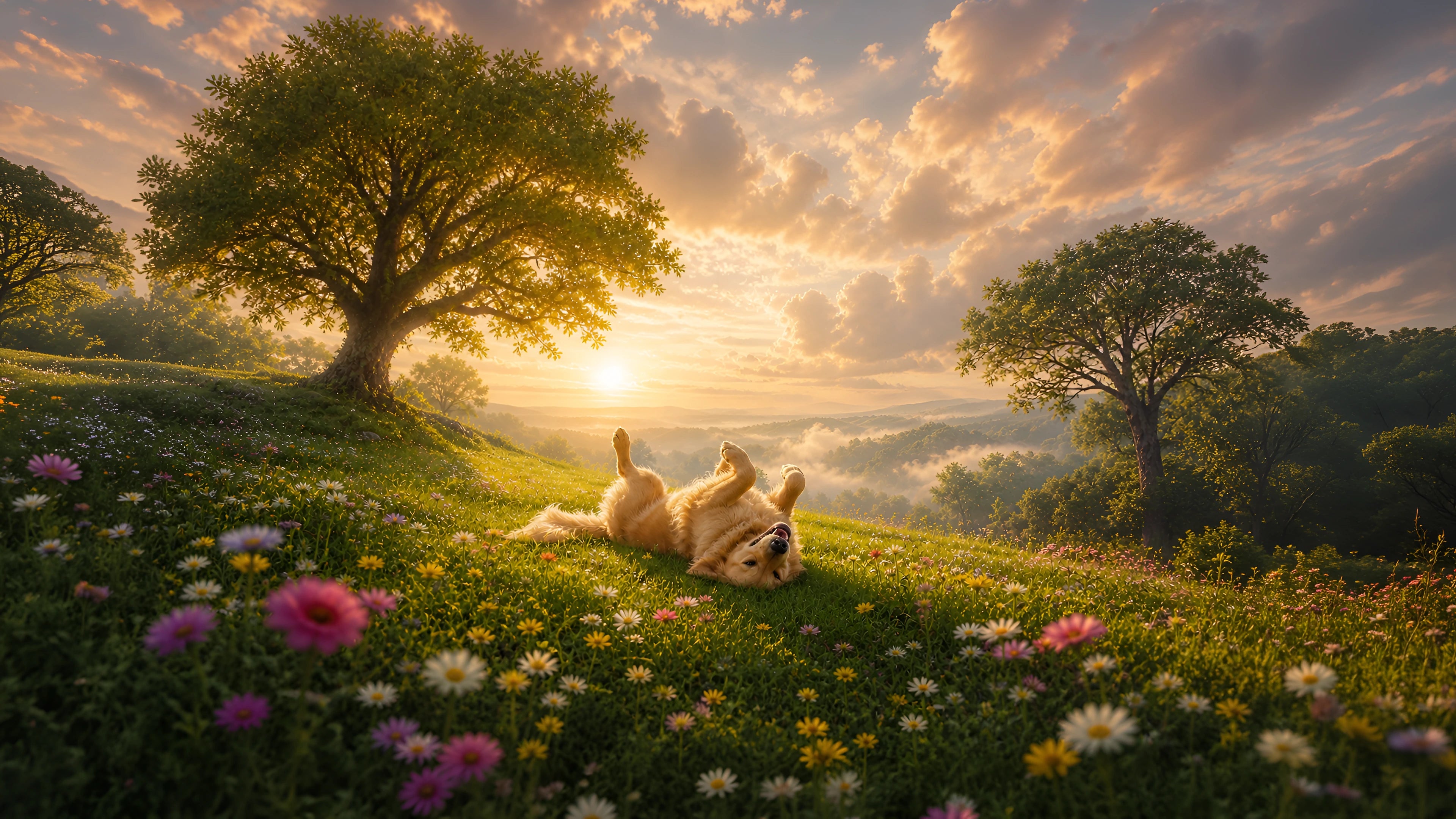 A golden retriever rolling through a sunlit meadow at sunset