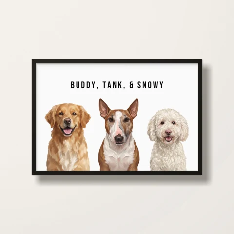 Custom Pet Portrait Print - 3 Pets · Black frame product photo