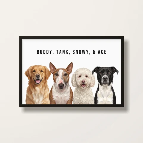 Custom Pet Portrait Print - 4 Pets · Black frame product photo